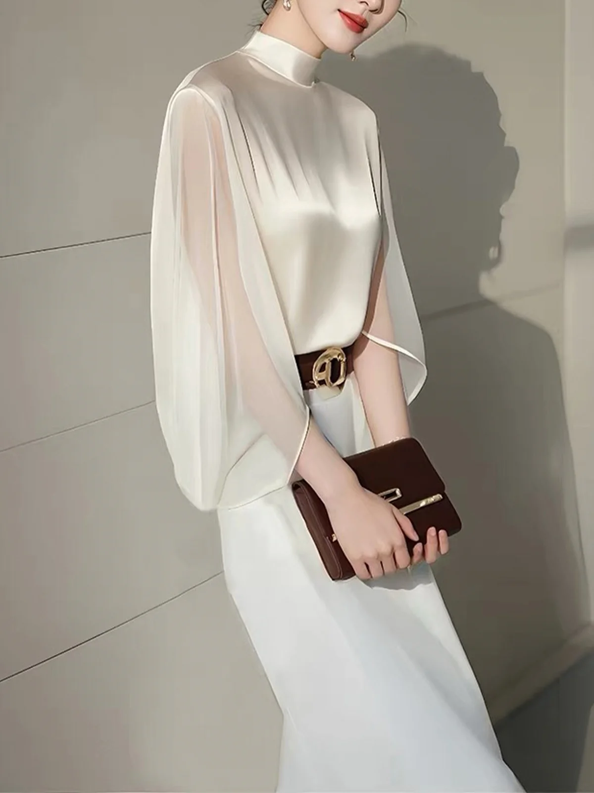 Flutter Sleeve Elegant Stand Collar Plain Blouse