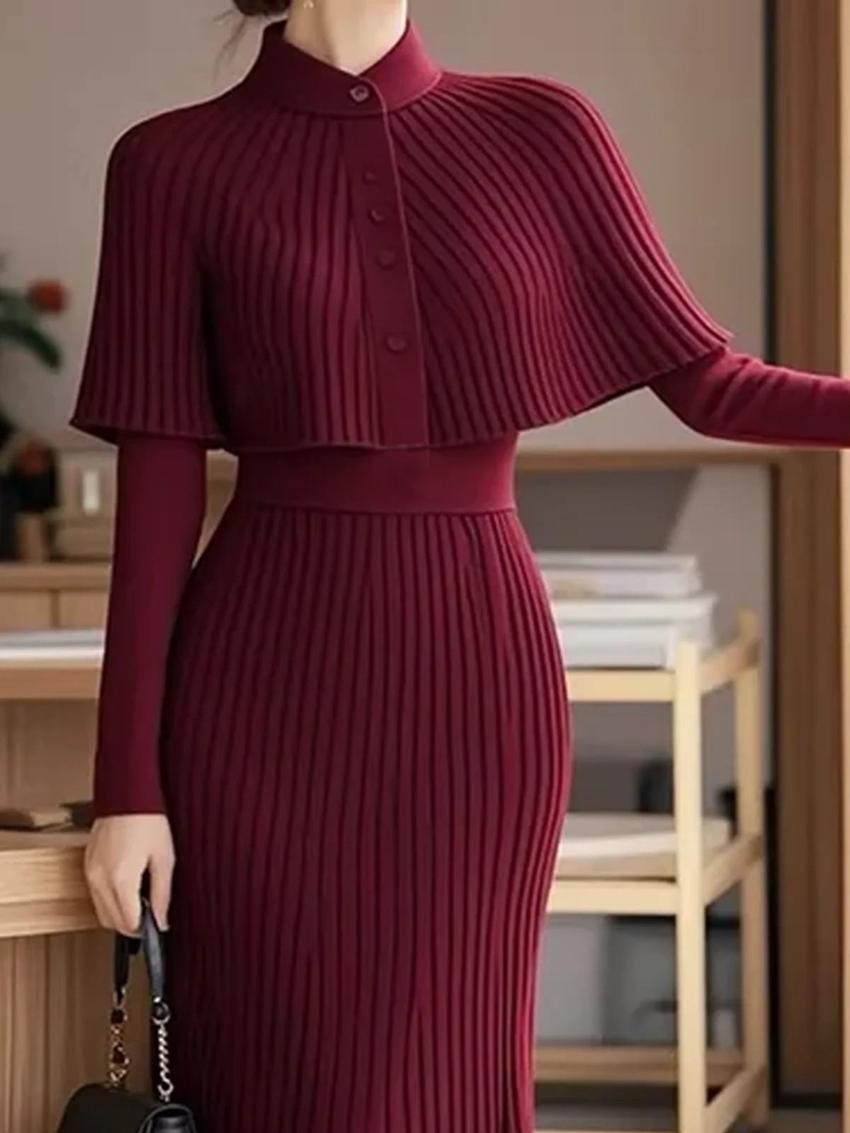 Elegant High Elasticity Stand Collar Sweater Dress