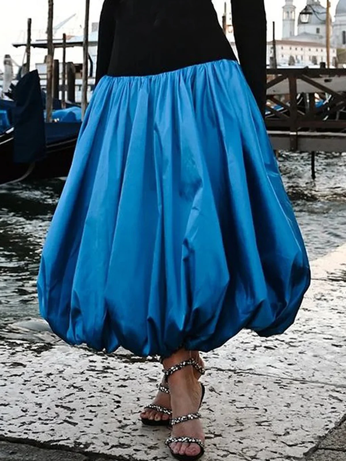 Elegant Color Block Stand Collar Maxi Dress