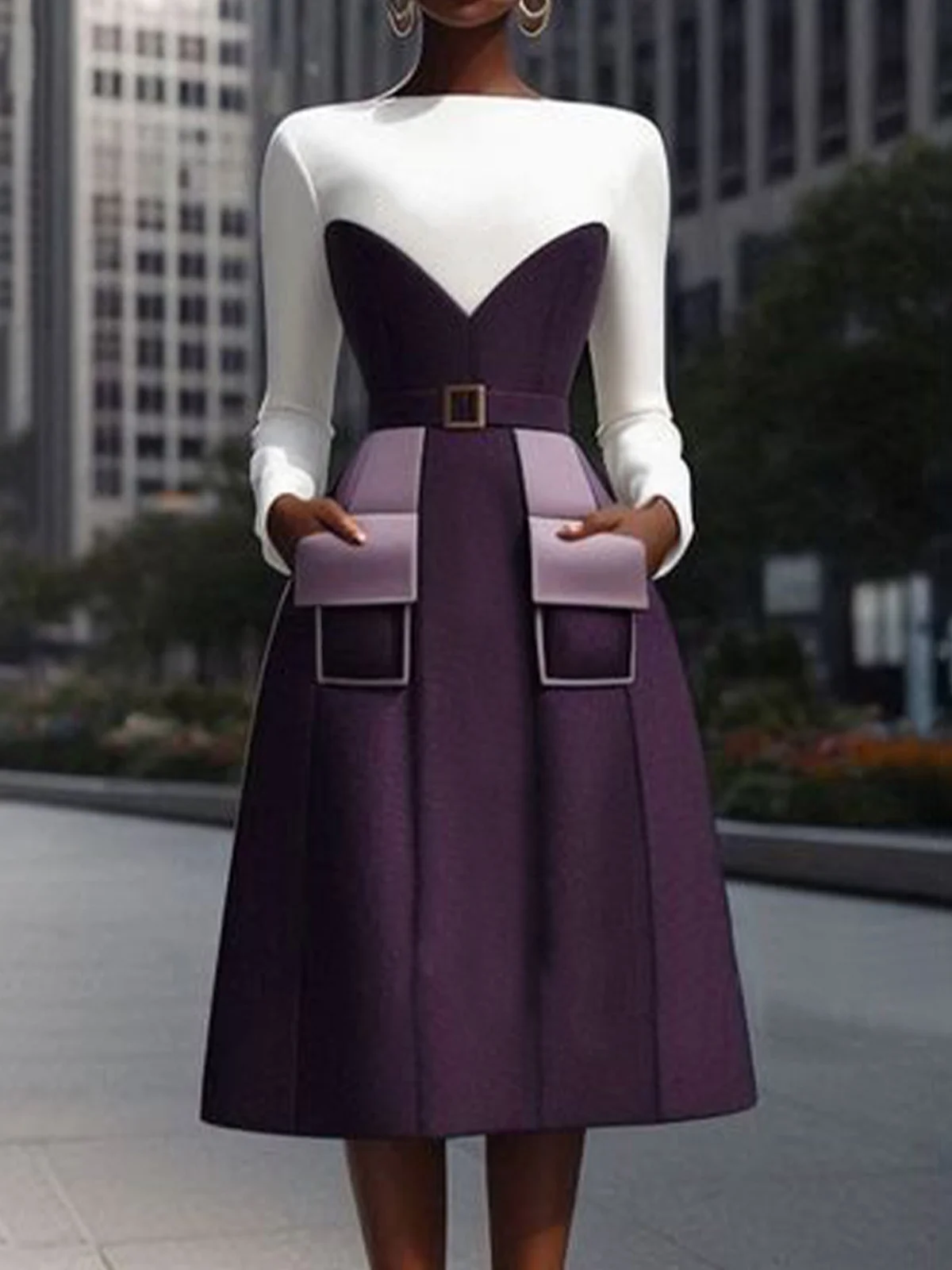 Elegant Boat Neck Dress With Belt