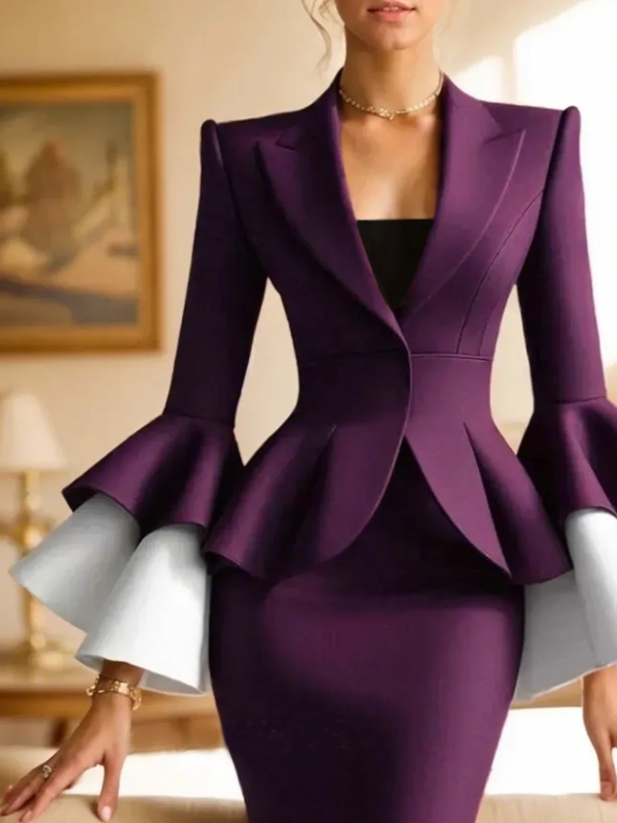 Lapel Collar Ruffle Sleeve Color Block Elegant Blazer