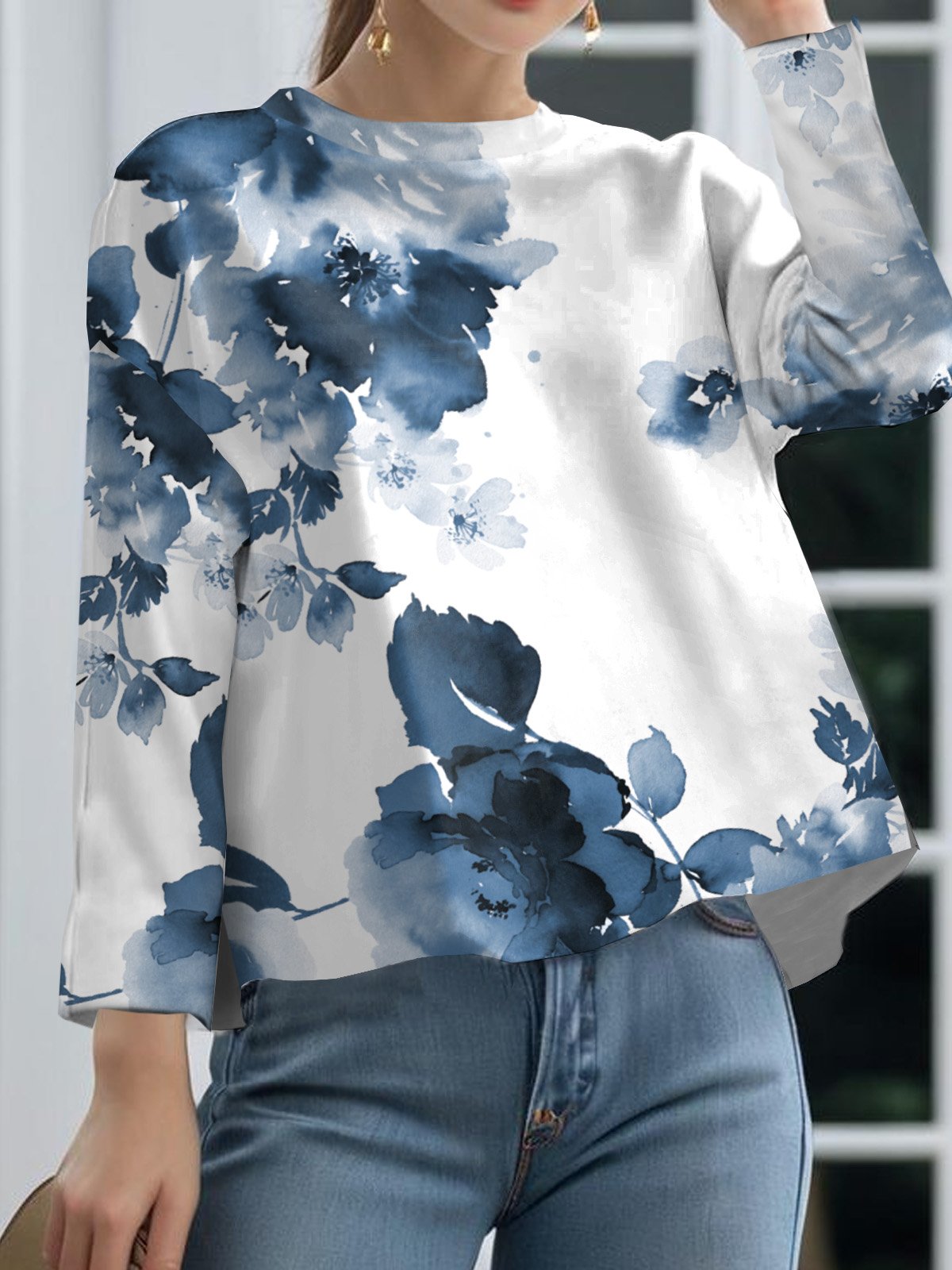 Casual Loose Crew Neck Floral Blouse