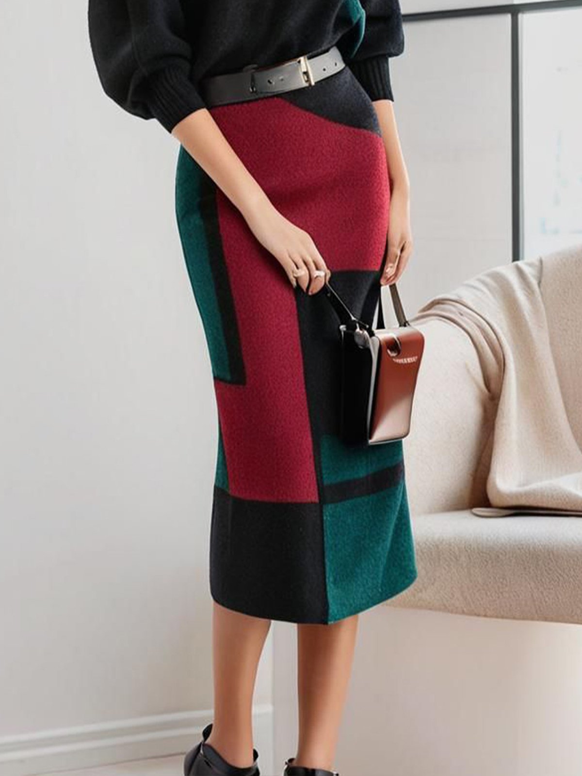 Casual Geometric Sweater Skirt With No Belt