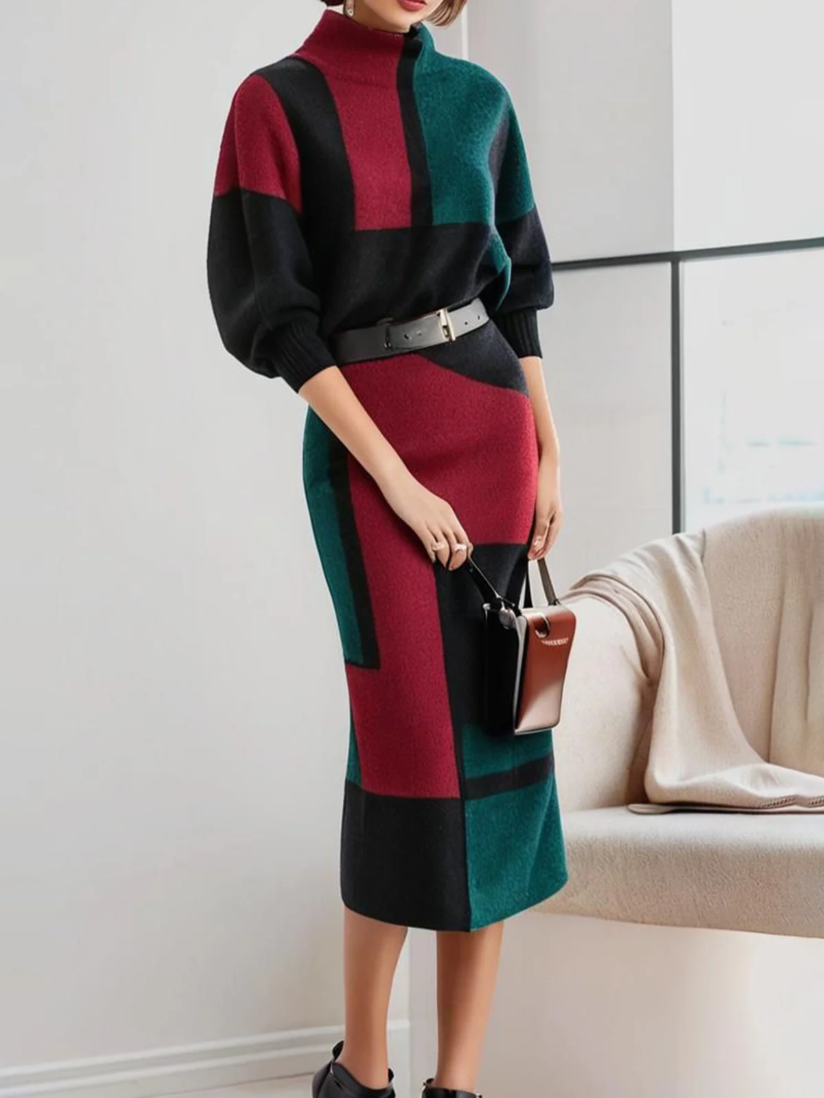 Turtleneck Casual Geometric Balloon Sleeve Sweater