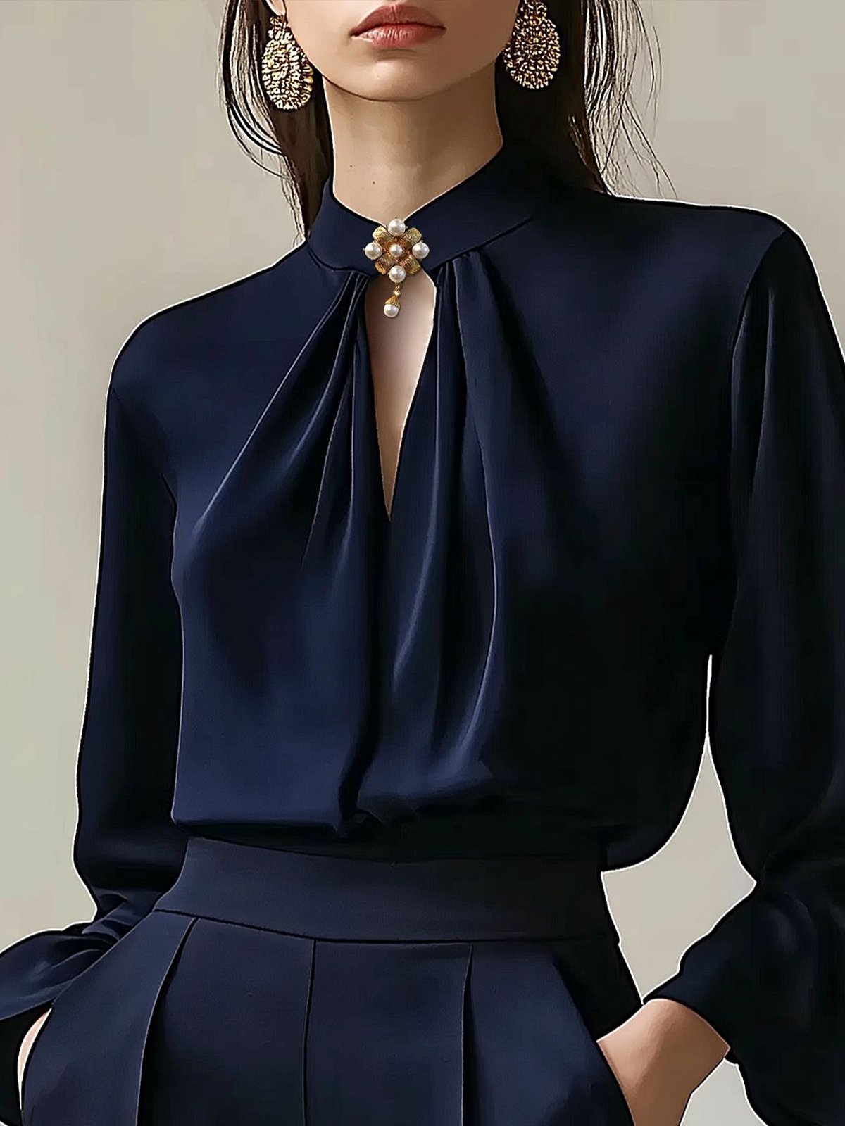 Plain Elegant Stand Collar Blouse With Brooch