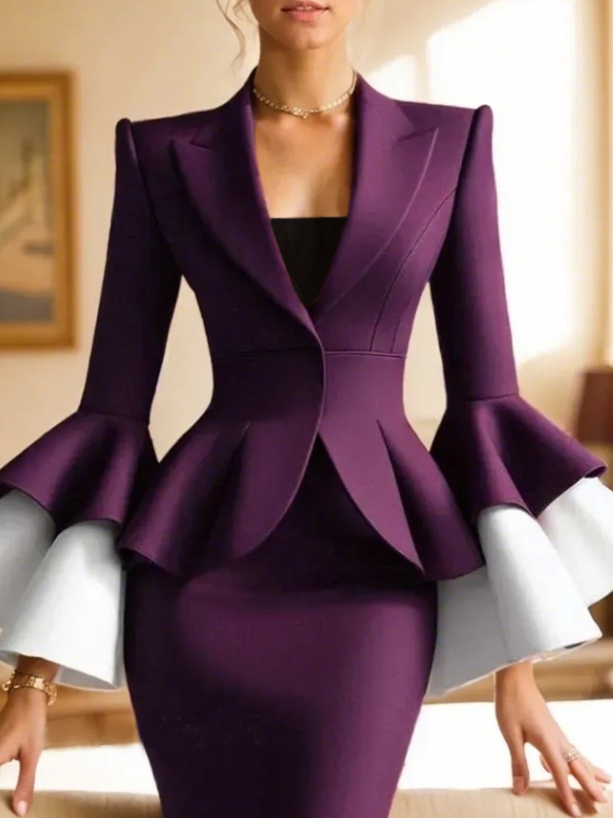 Lapel Collar Ruffle Sleeve Color Block Elegant Blazer