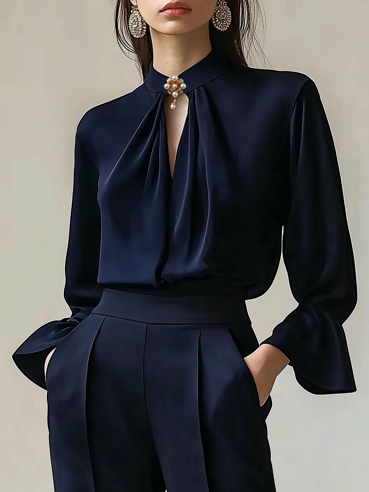 Plain Elegant Stand Collar Blouse With Brooch