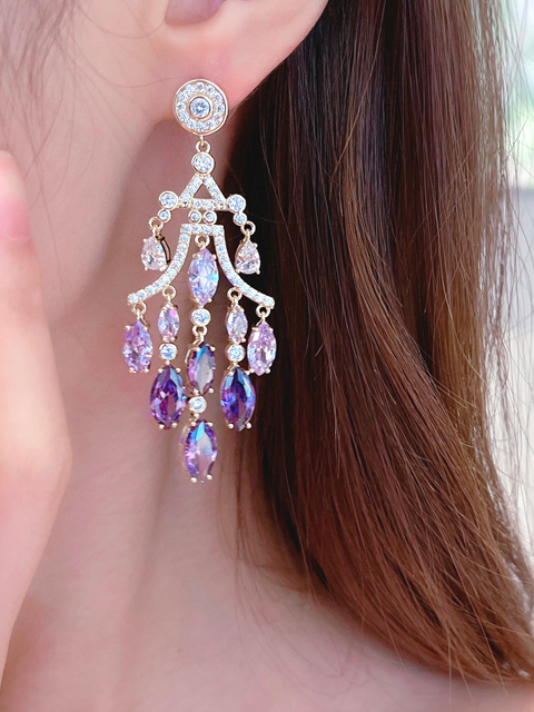 Zircon Inlaid Water Drop Tassel Earrings 