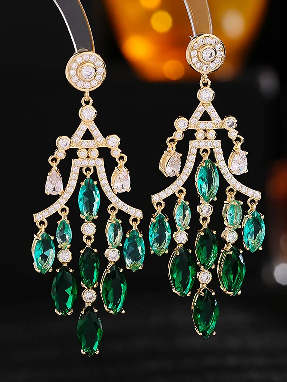 Zircon Inlaid Water Drop Tassel Earrings 