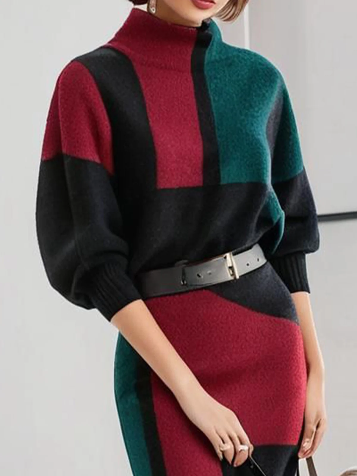 Turtleneck Casual Geometric Balloon Sleeve Sweater