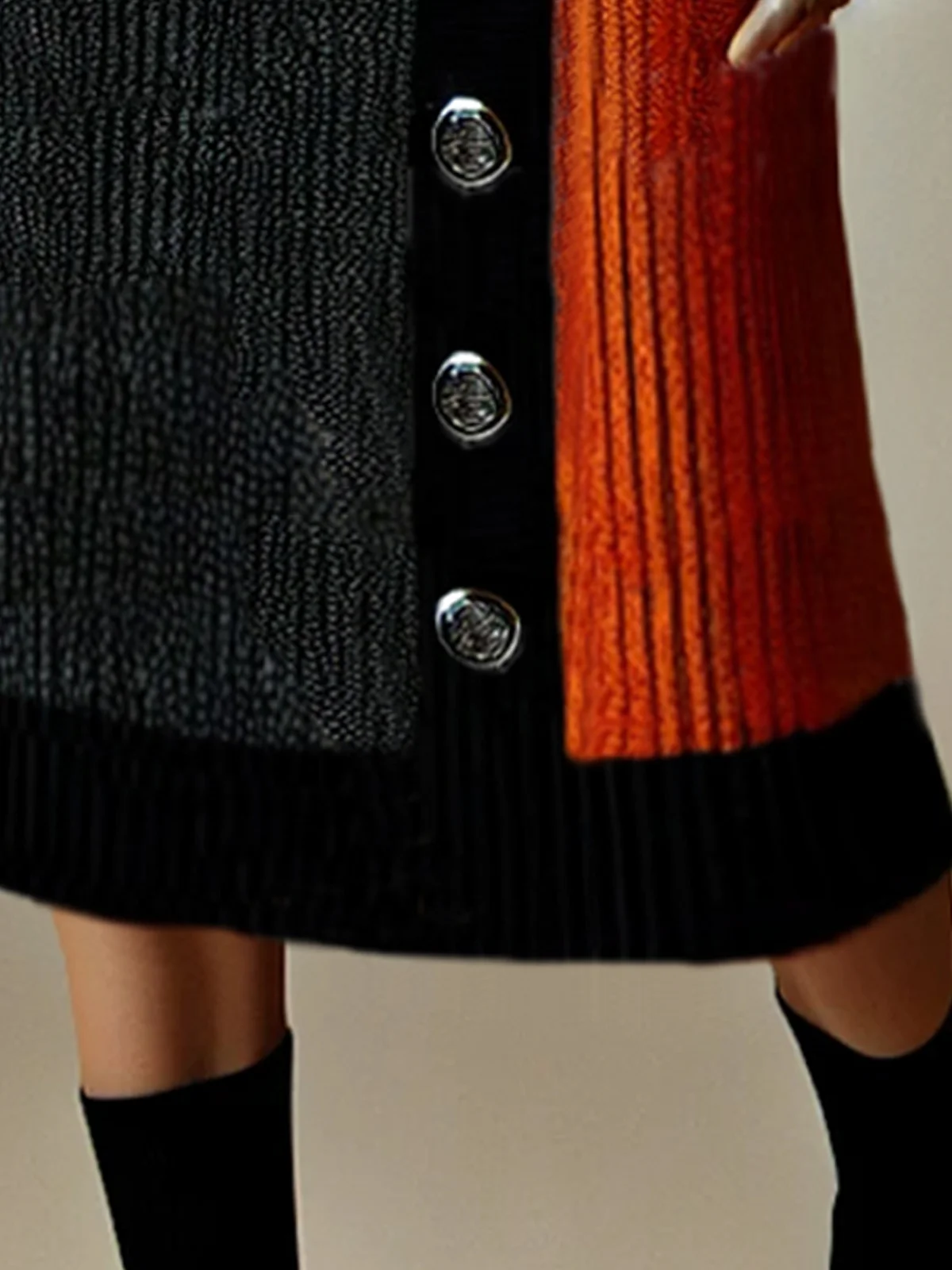 Casual Color Block Buttoned Sweater Midi Skirt