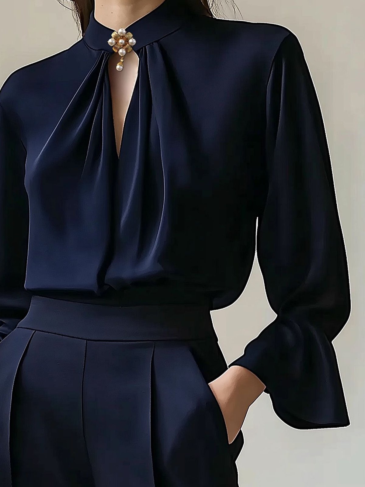 Plain Elegant Stand Collar Blouse With Brooch