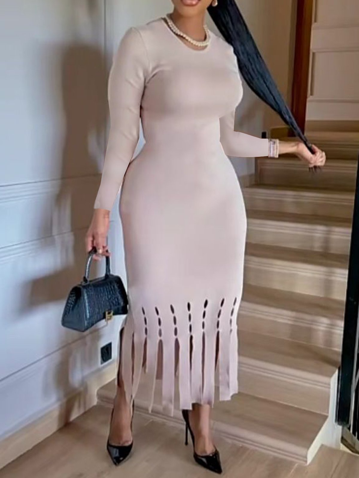 Elegant Crew Neck Plain Tight Sweater Dress