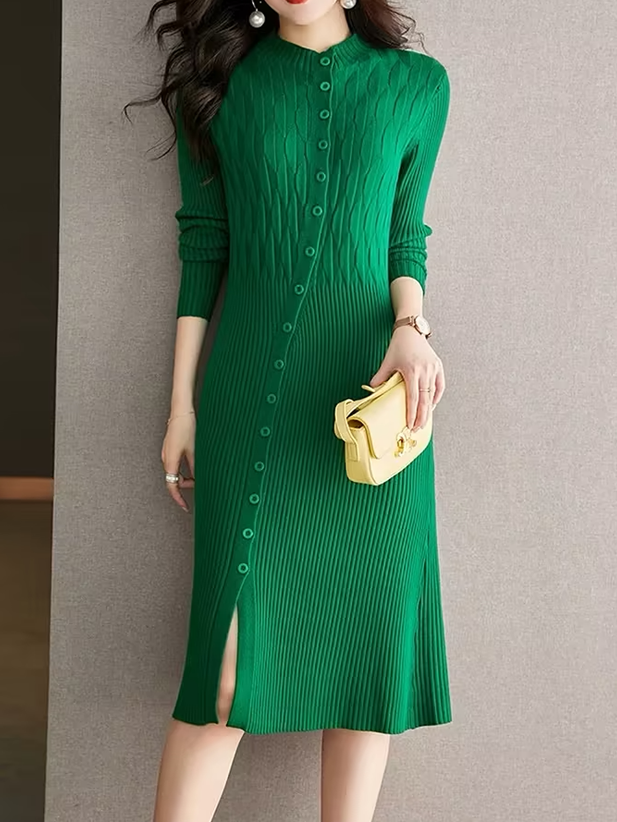 Plain  Asymmetric Elegant Stand Collar Sweater Dress