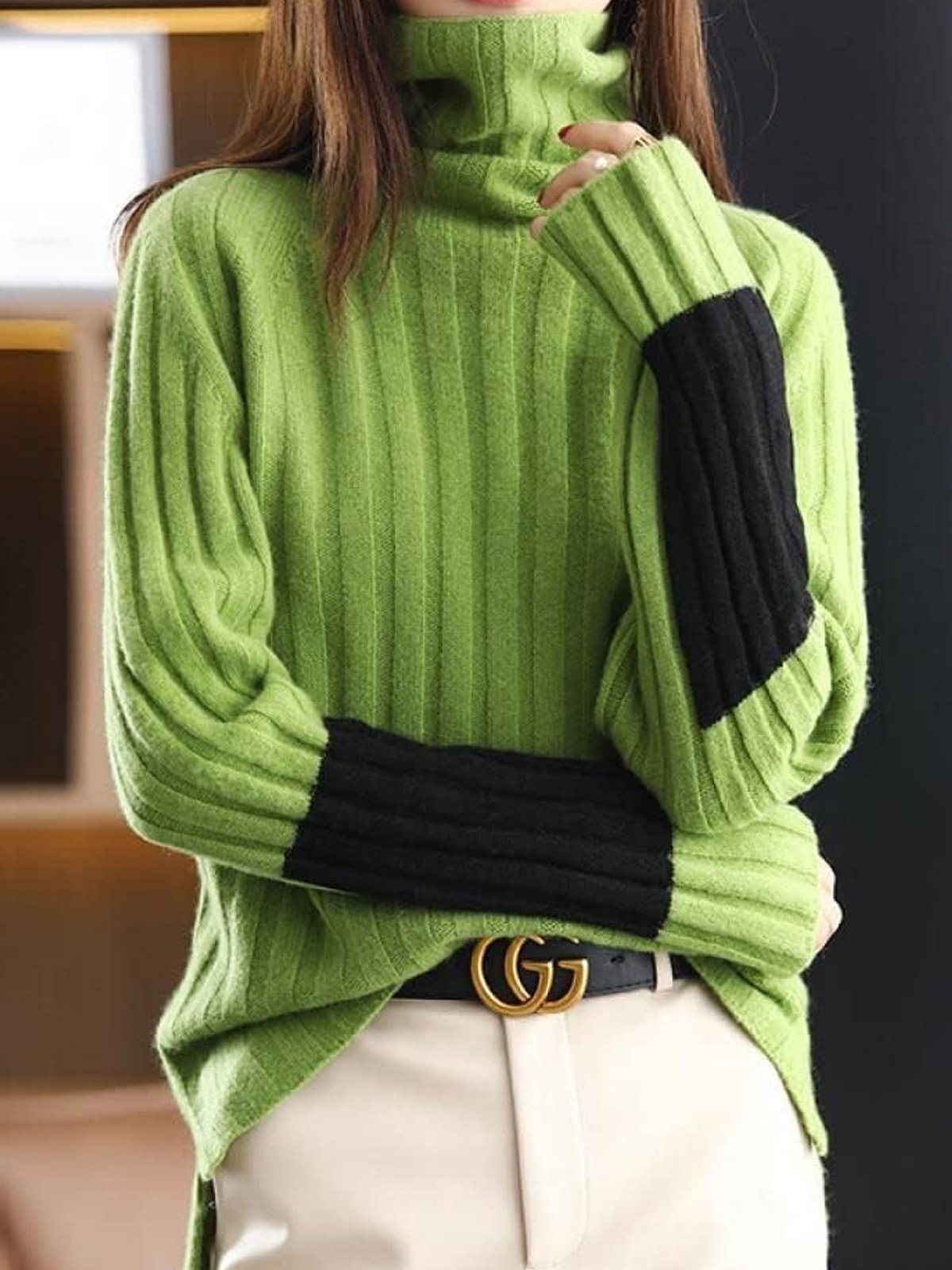 Turtleneck Contrast Stitching Urban Sweater