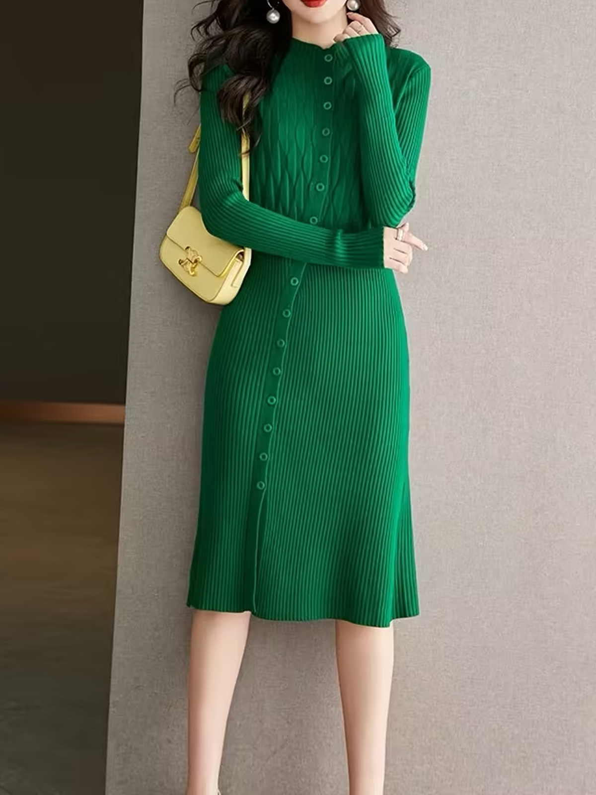 Plain  Asymmetric Elegant Stand Collar Sweater Dress