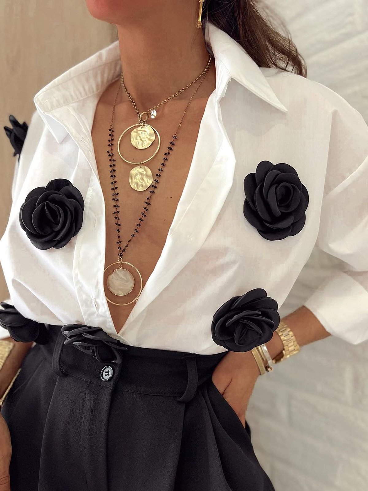 Plain Elegant 3D Floral Shirt Collar Shirt