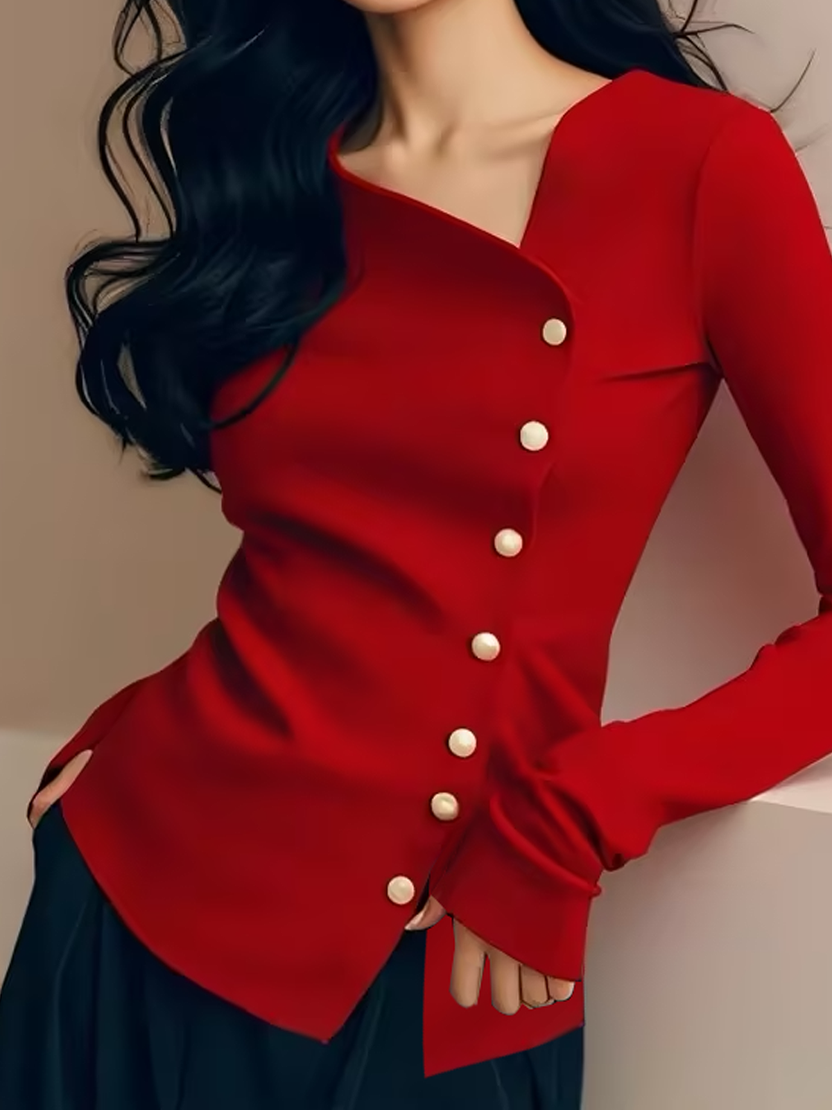 Medium Elasticity Tight Asymmetric Plain Elegant Blouse