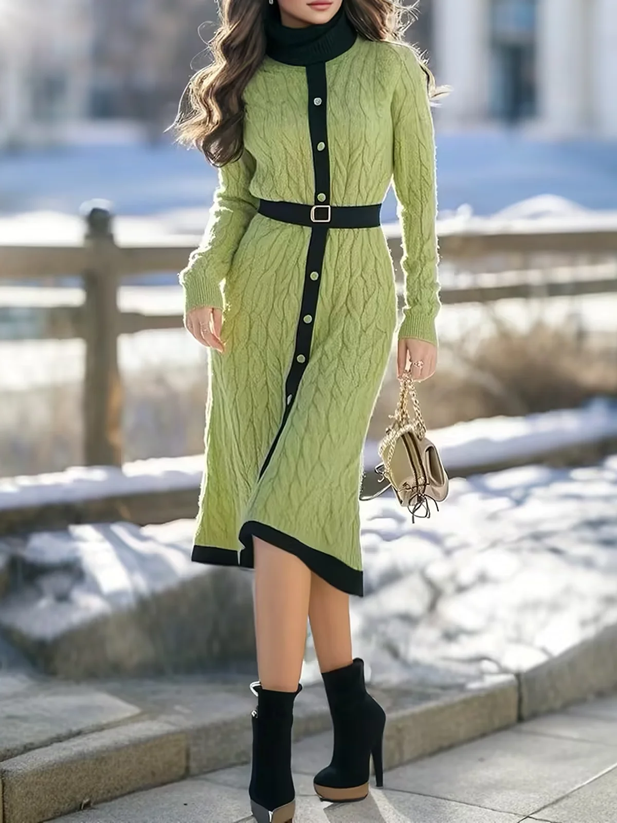 Medium Elasticity Elegant Color Block Sweater Midi Dress With Belt