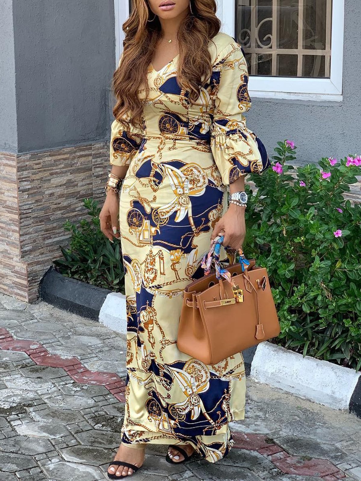 Random Print Puff Sleeve Elegant Maxi Dress