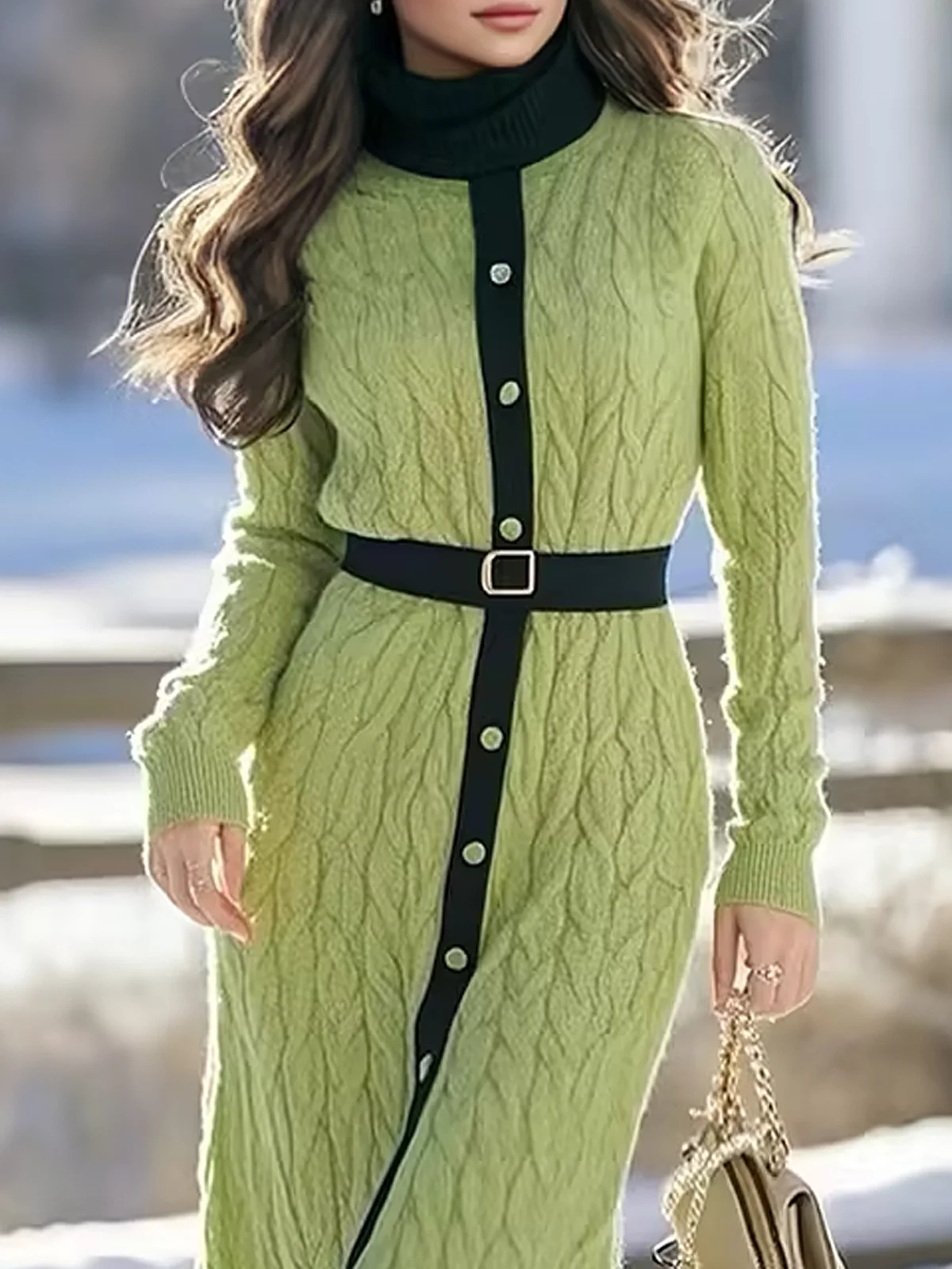 Medium Elasticity Elegant Color Block Sweater Midi Dress With Belt