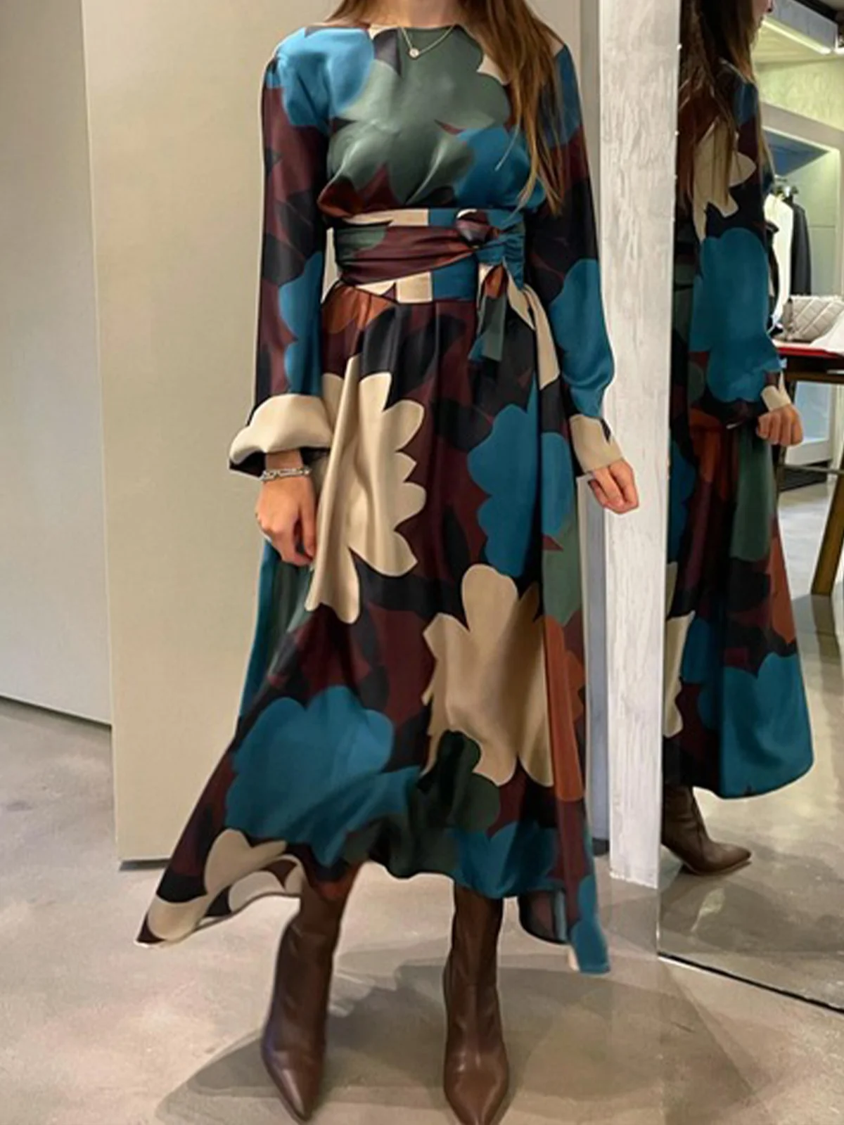 Floral  Crew Neck Elegant Dress With Belt