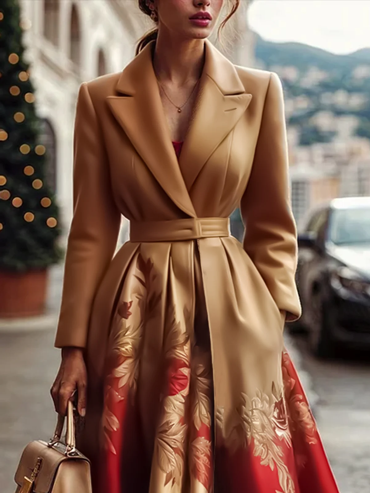 Floral Elegant Lapel Collar Coat With Belt