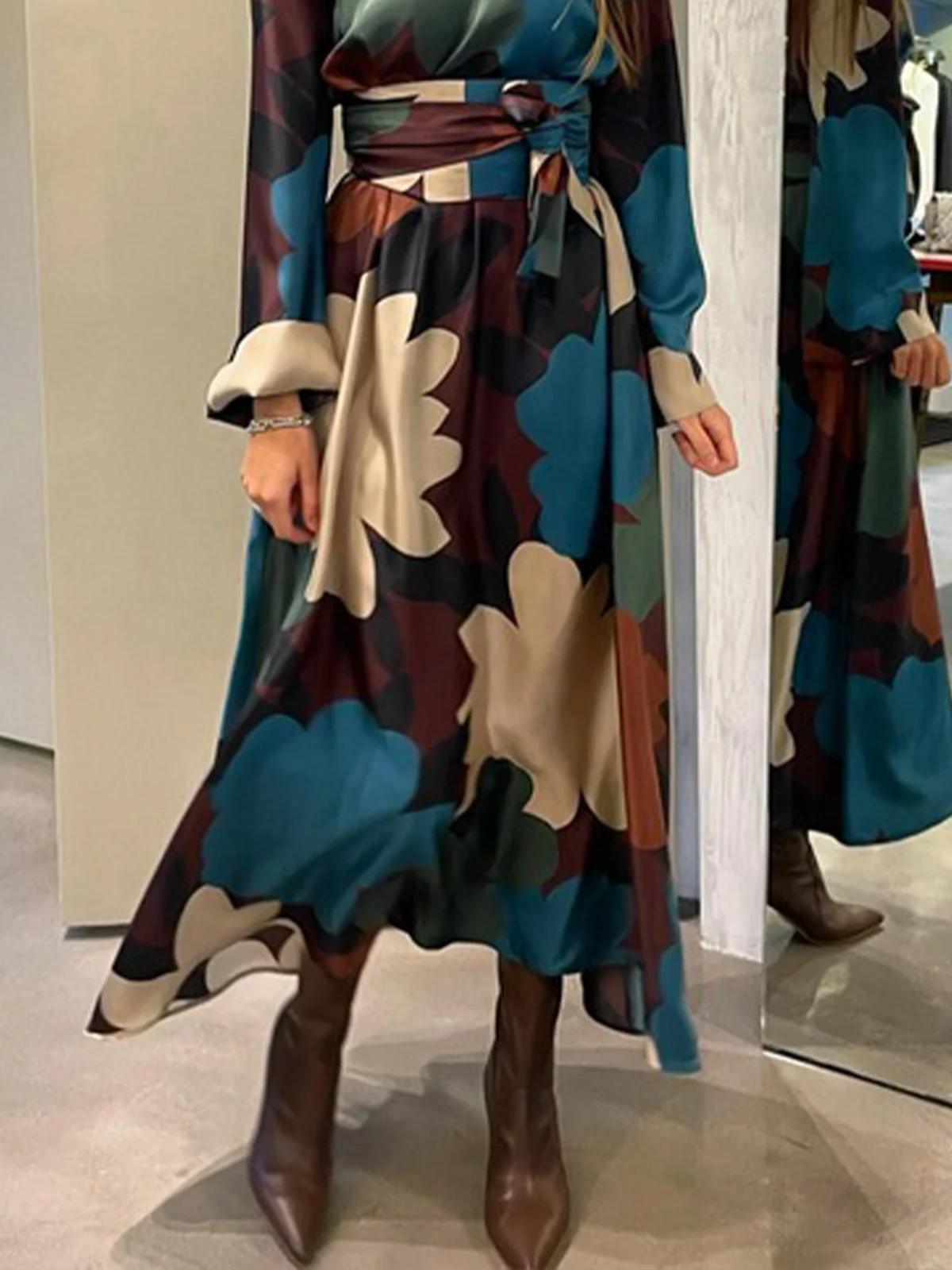 Floral  Crew Neck Elegant Dress With Belt