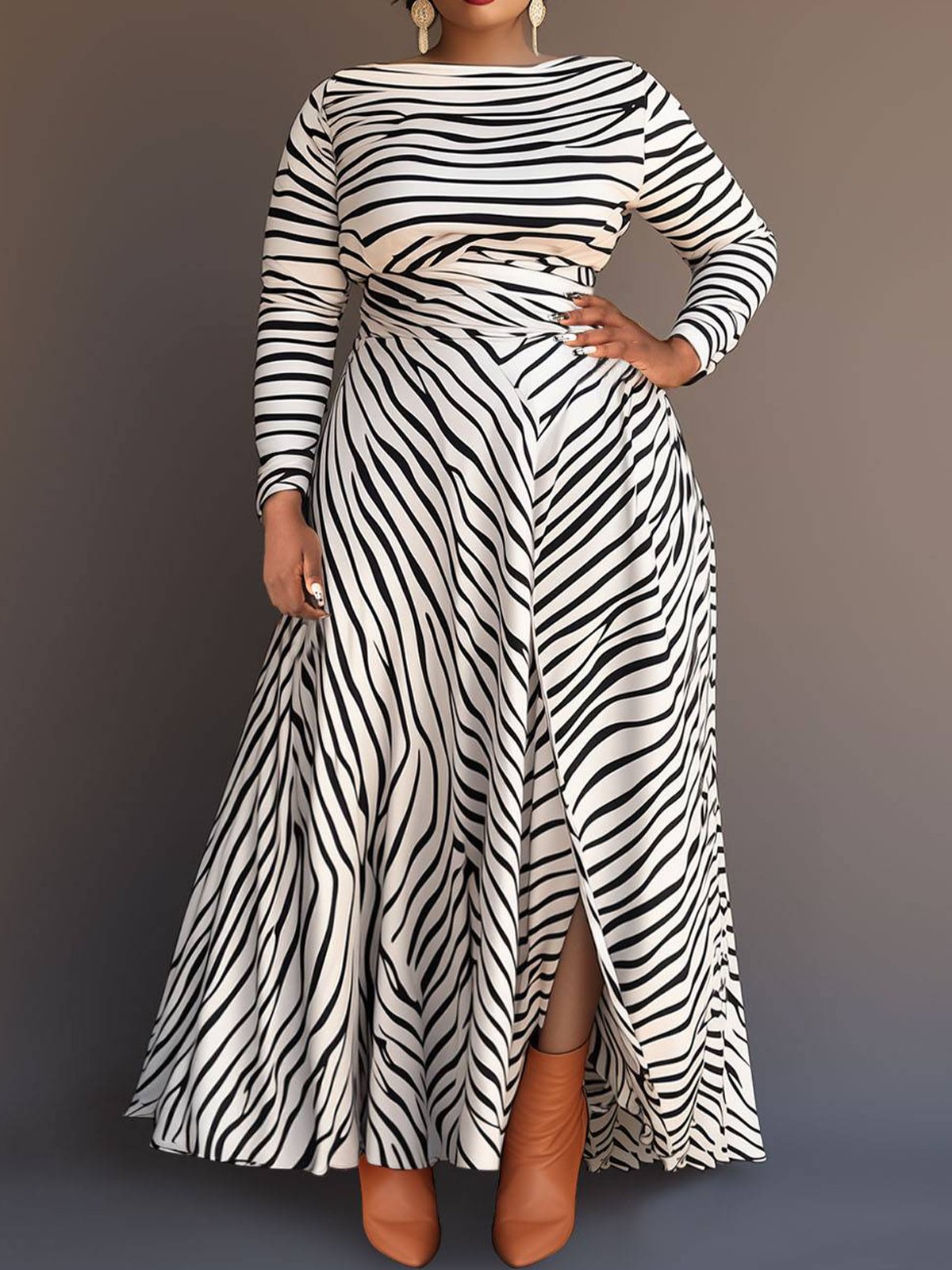 Striped Boat Neck Elegant Long Maxi Dress