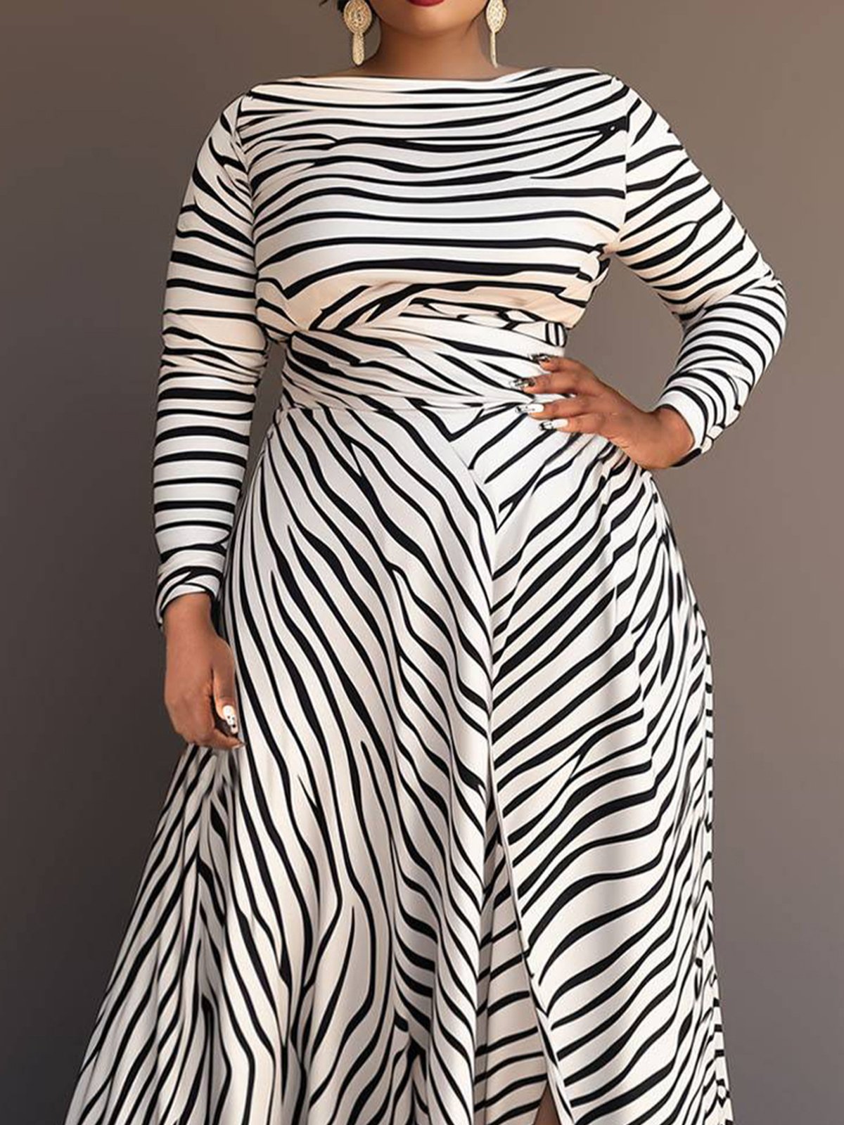 Striped Boat Neck Elegant Long Maxi Dress