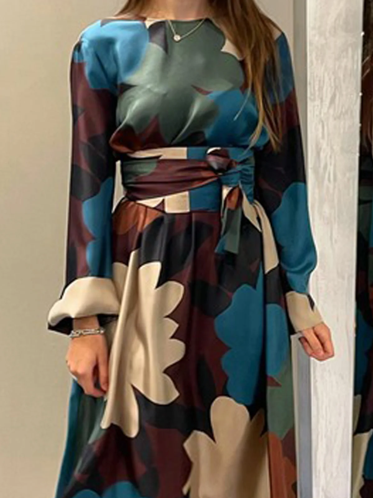 Floral  Crew Neck Elegant Dress With Belt