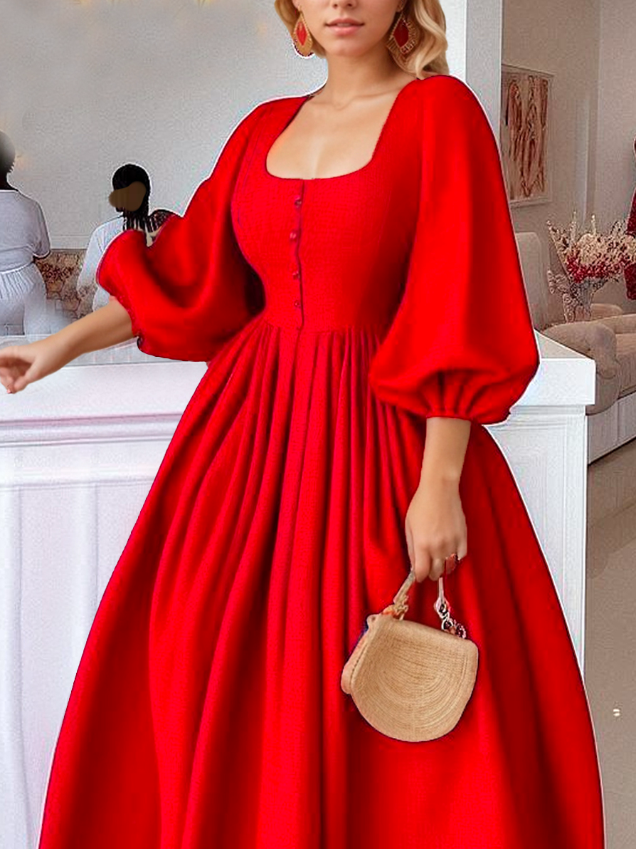 Christmas Elegant Balloon Sleeve U-Neck Party Dress