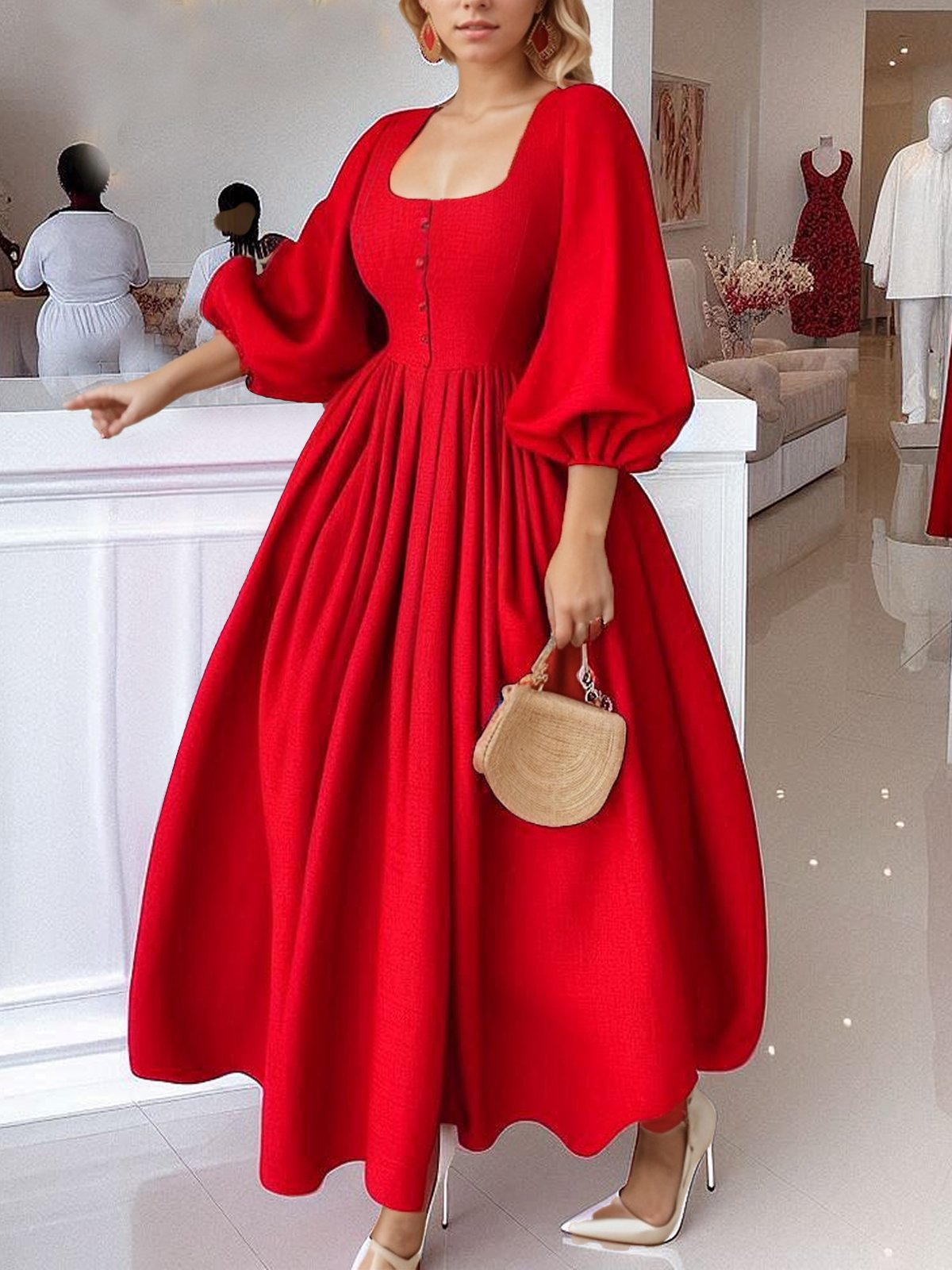 Christmas Elegant Balloon Sleeve U-Neck Party Dress