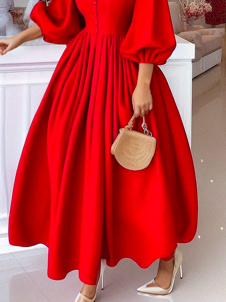 Christmas Elegant Balloon Sleeve U-Neck Party Dress