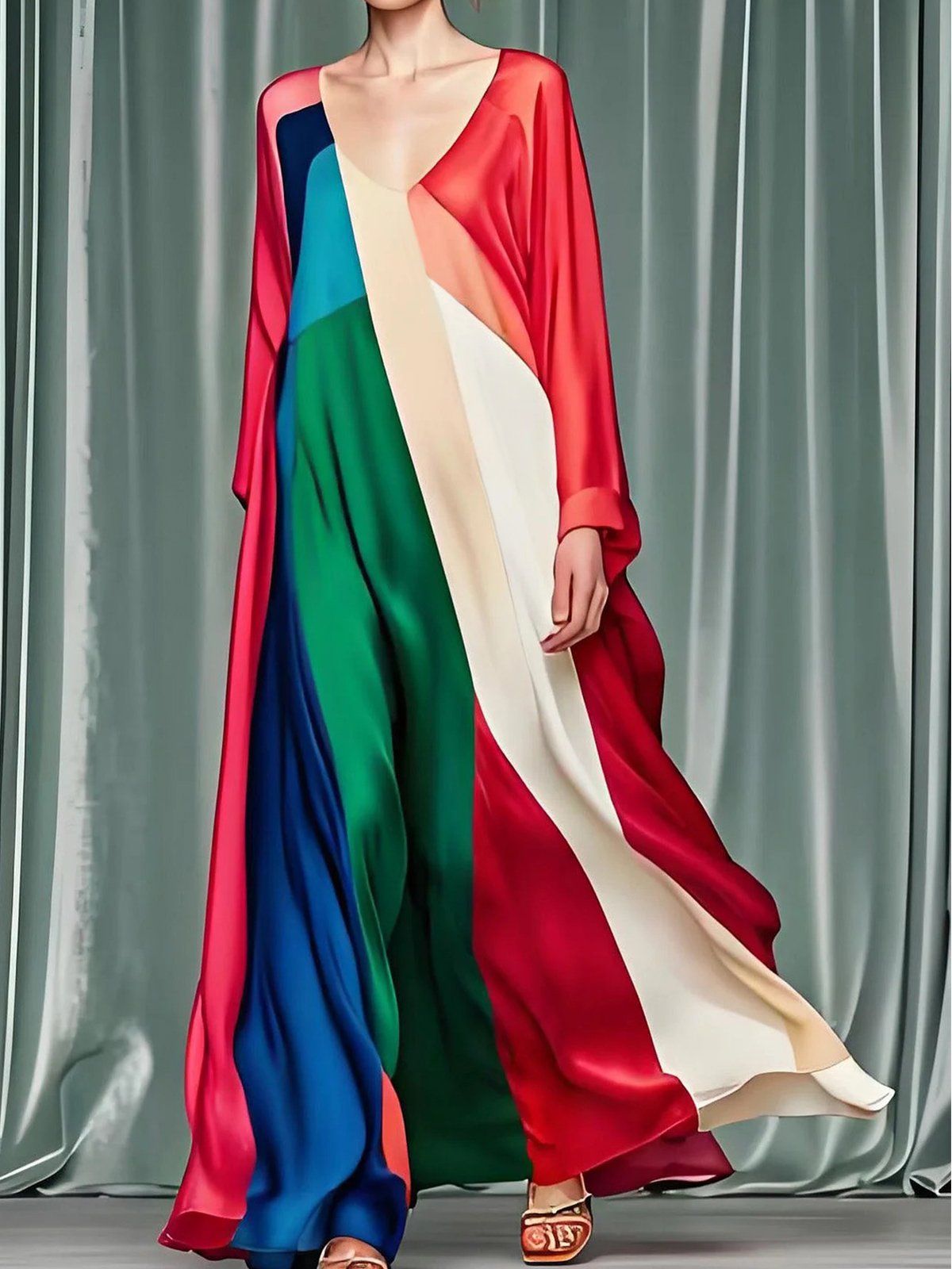 Elegant Color Block V Neck Dress