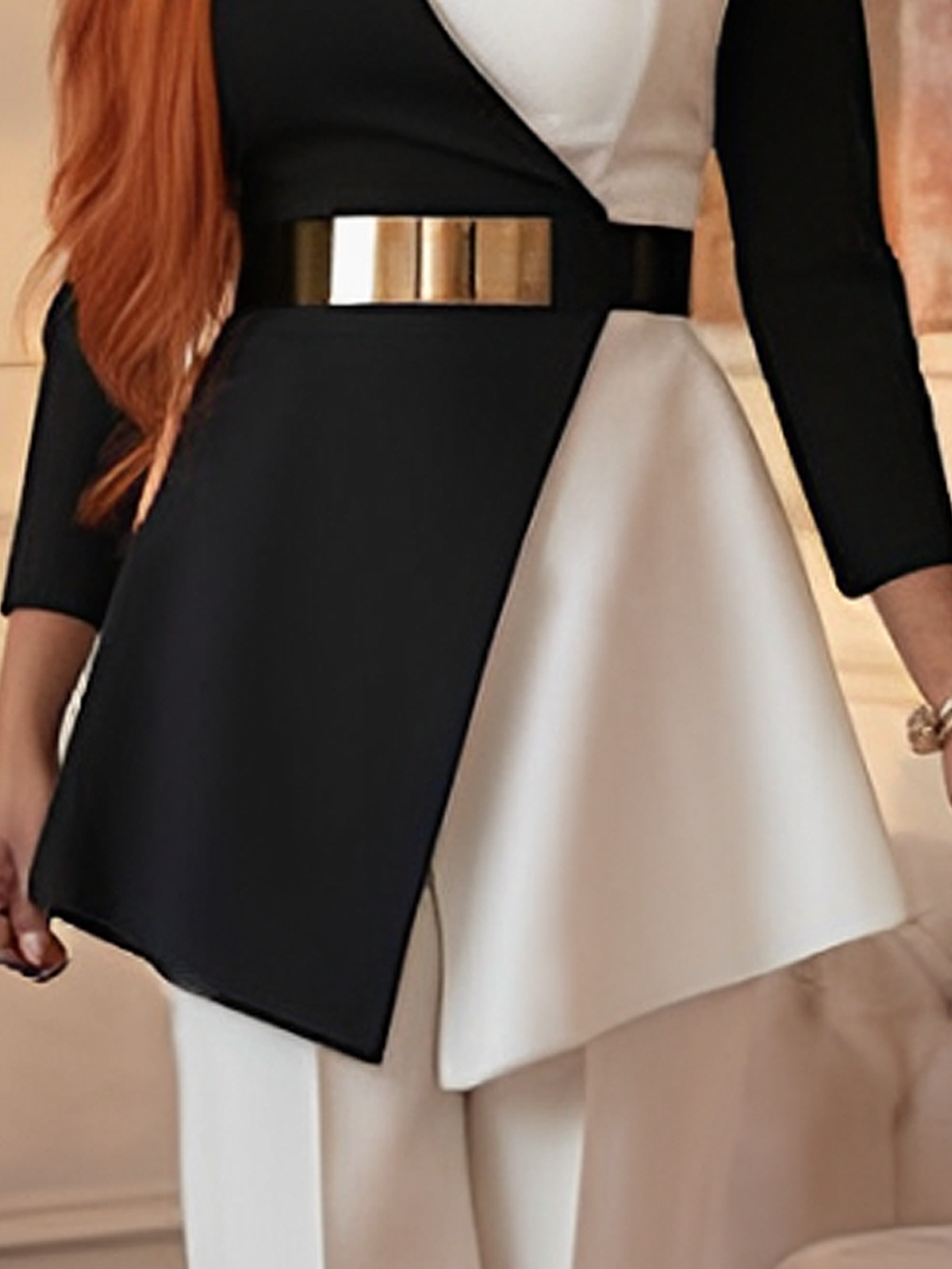 Urban  Color Block Blouse With Belt