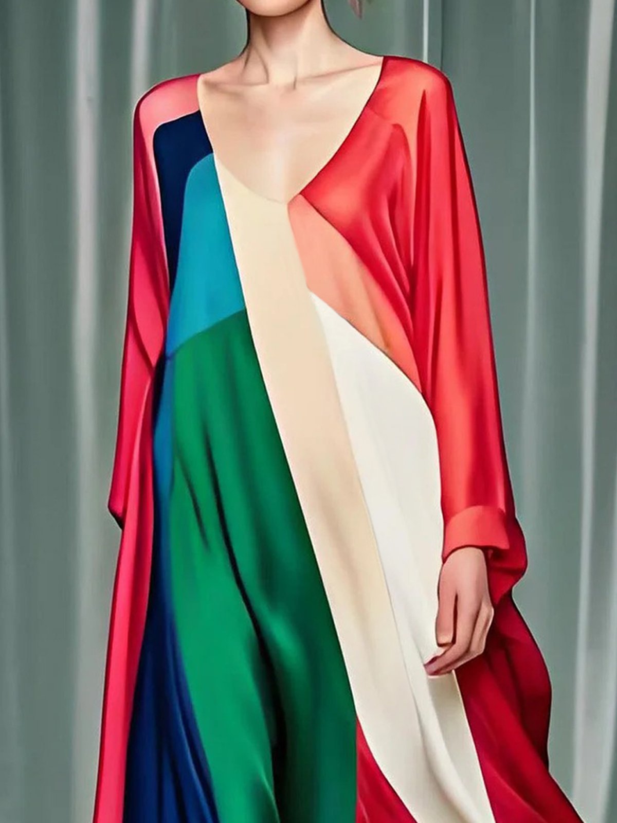 Elegant Color Block V Neck Dress