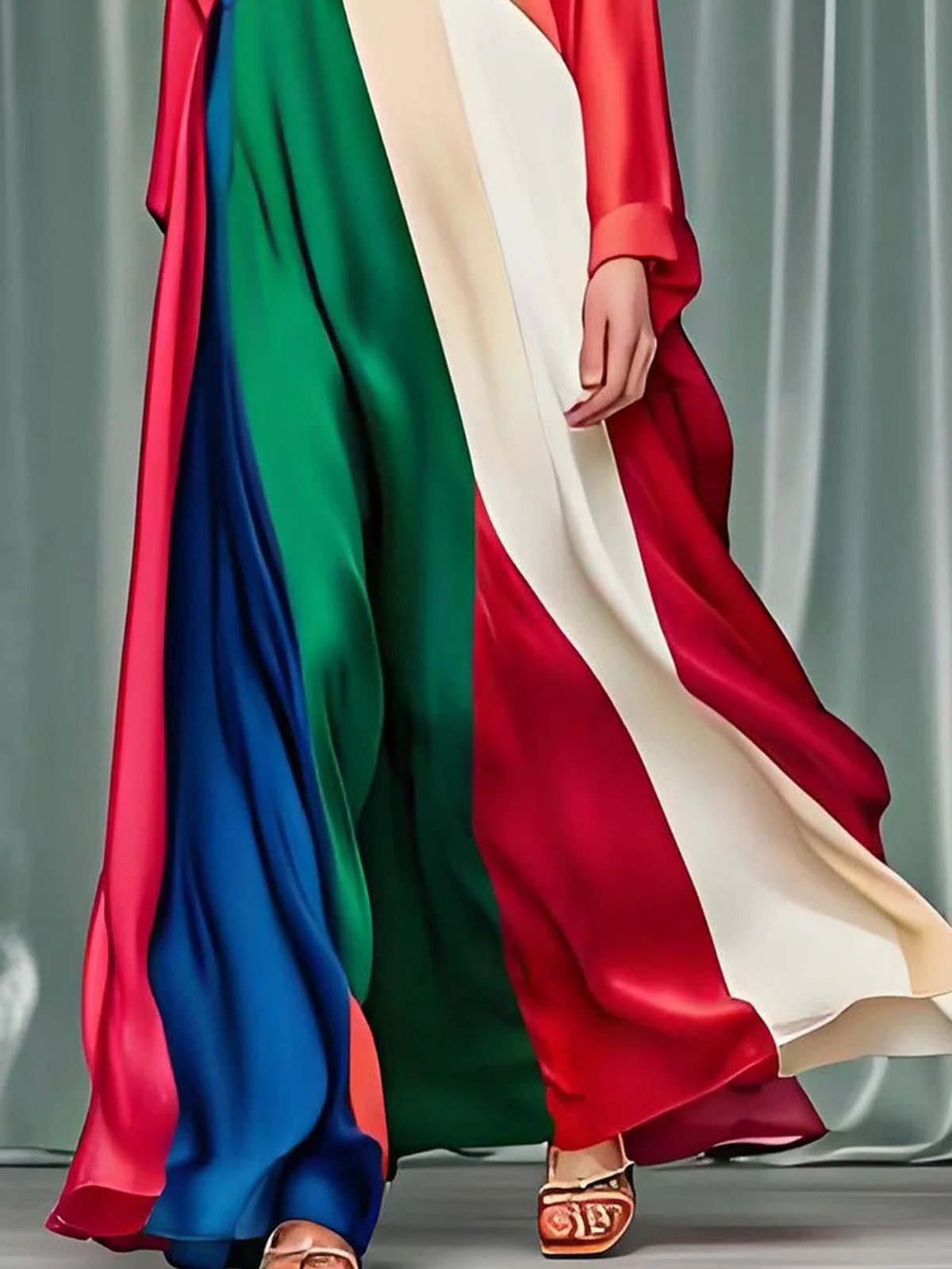 Elegant Color Block V Neck Dress