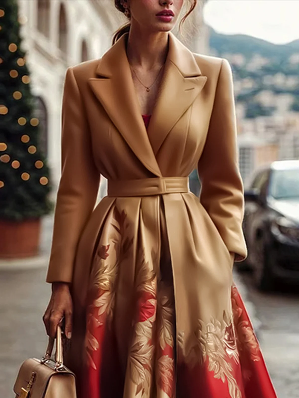 Floral Elegant Lapel Collar Coat With Belt