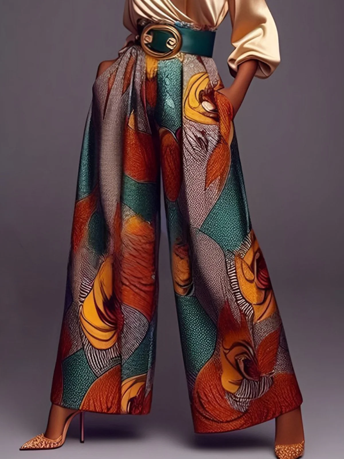 Ethnic Print Urban Wide leg Fashion Pants With No Belt