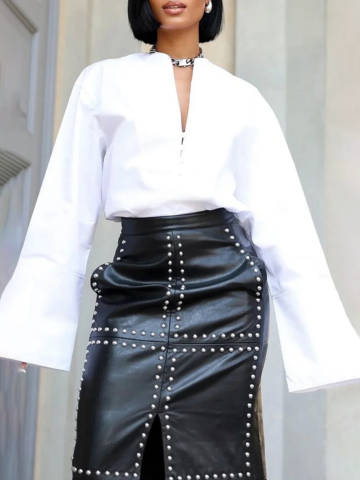 Urban Plain Faux Leather Midi Skirt