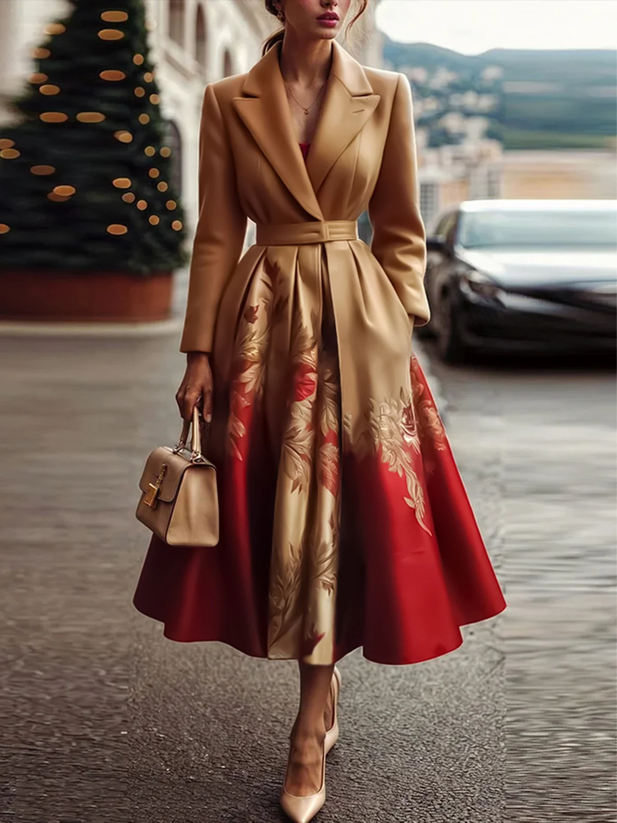 Floral Elegant Lapel Collar Coat With Belt