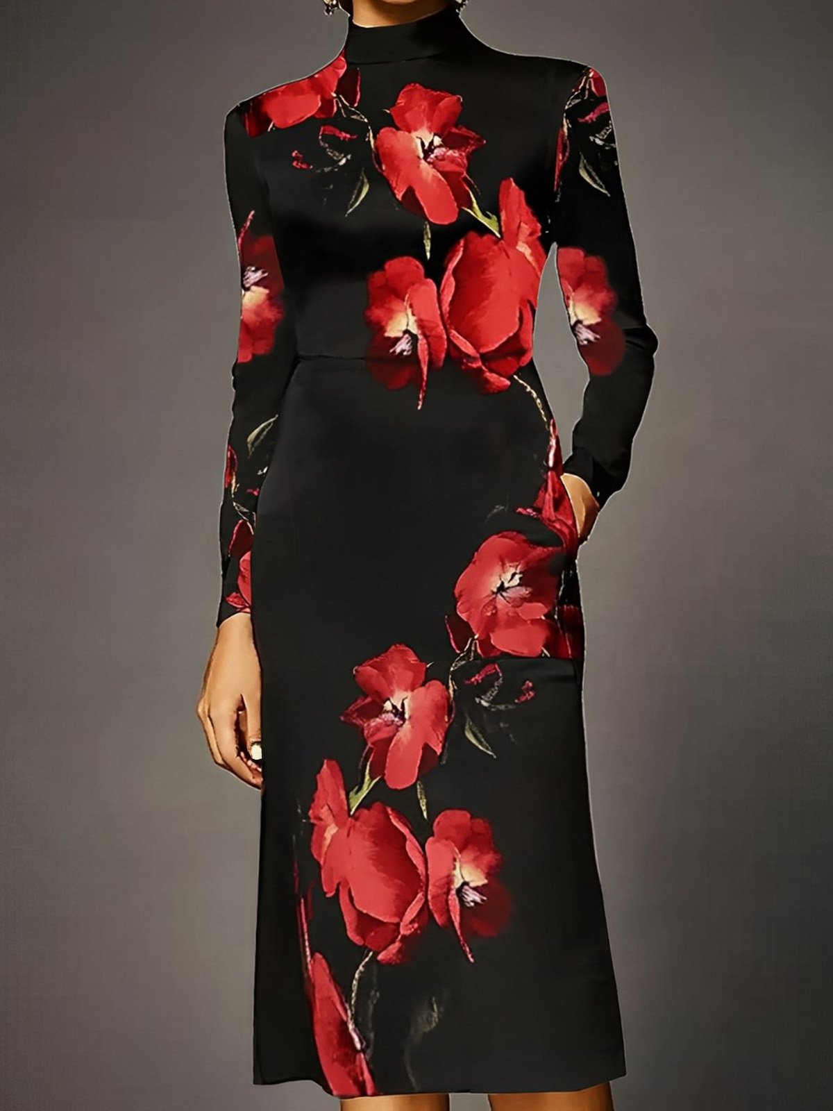 Stand Collar Urban Floral Dress