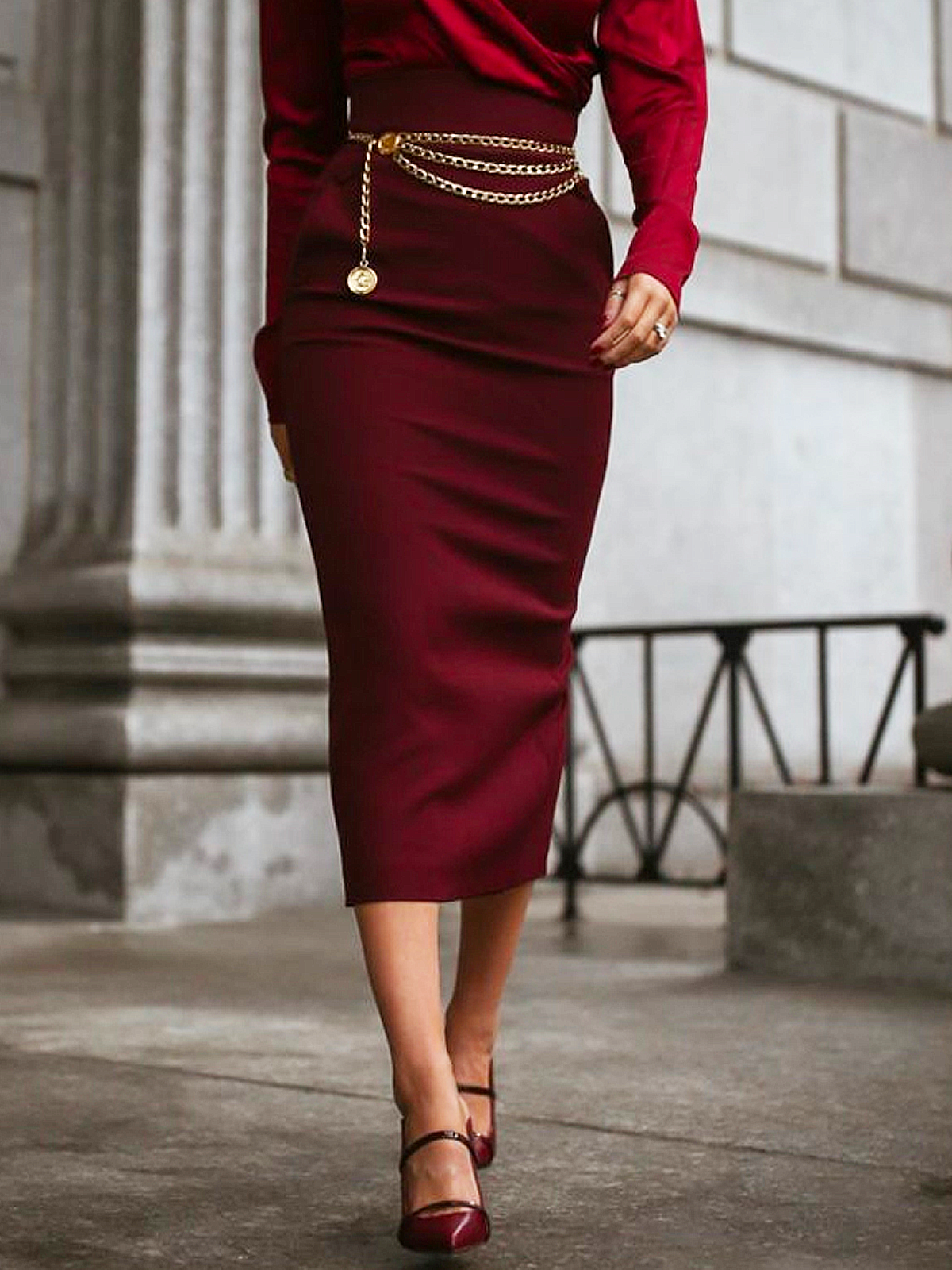 Plain Elegant High Waist Midi Skirt No Belt