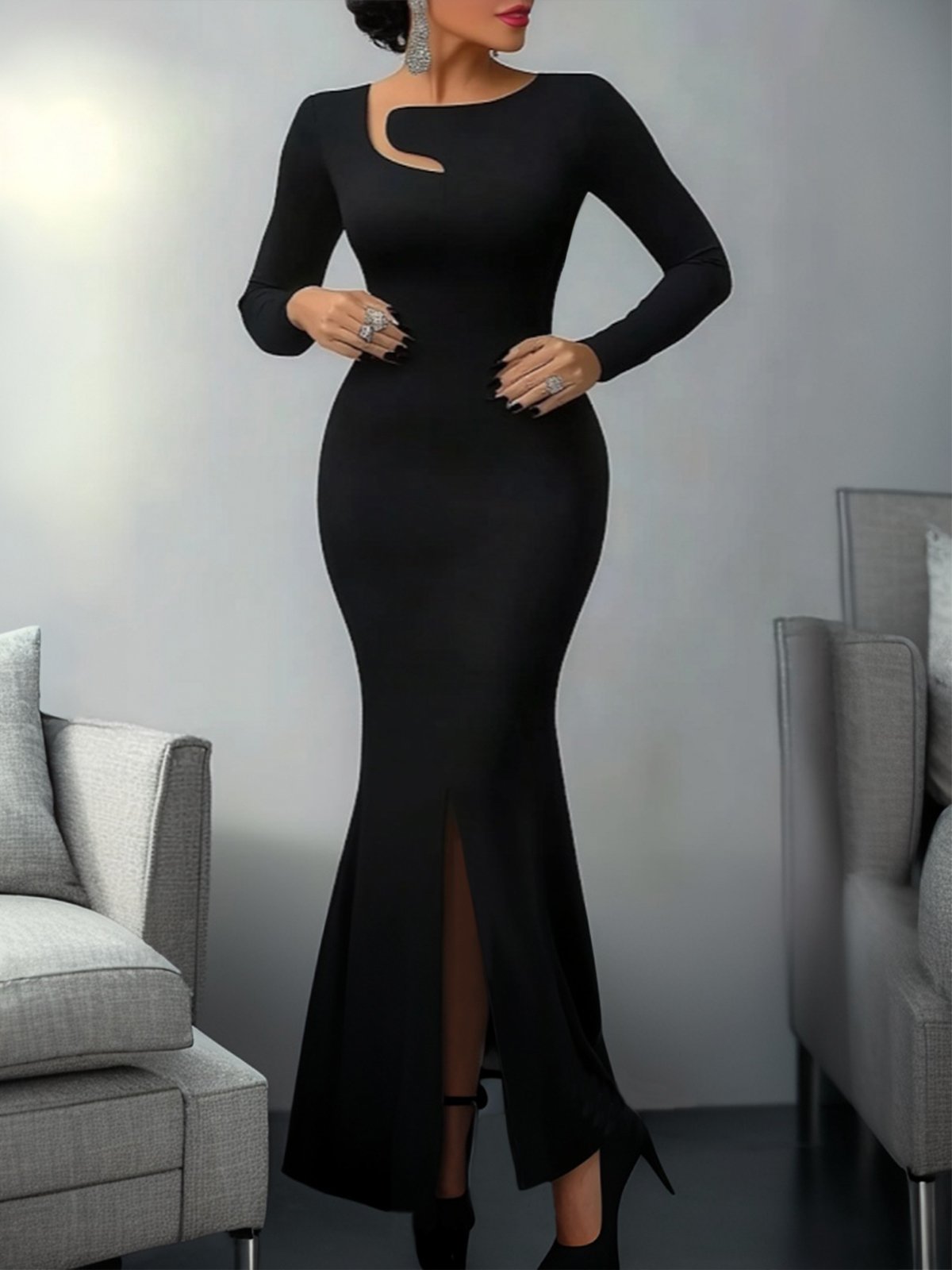 Elegant Long Sleeve Plain Regular Fit Midi Dress