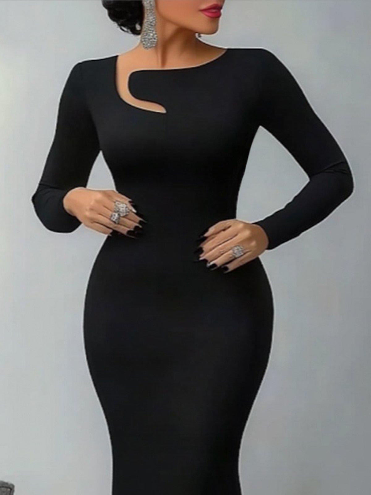 Elegant Long Sleeve Plain Regular Fit Midi Dress