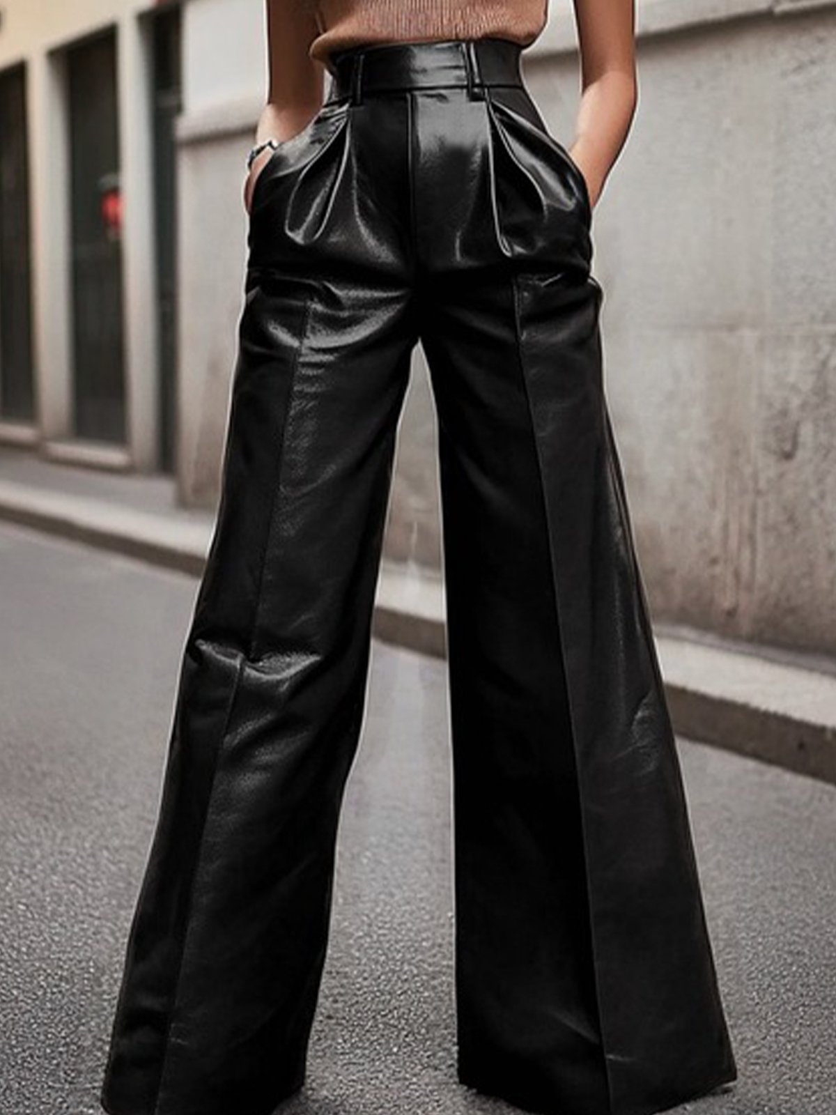 Urban Plain Faux Leather Wide leg  Pants