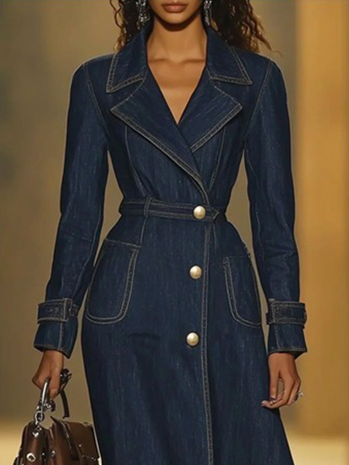 Lapel Collar Urban Buttoned Denim Coat With Belt