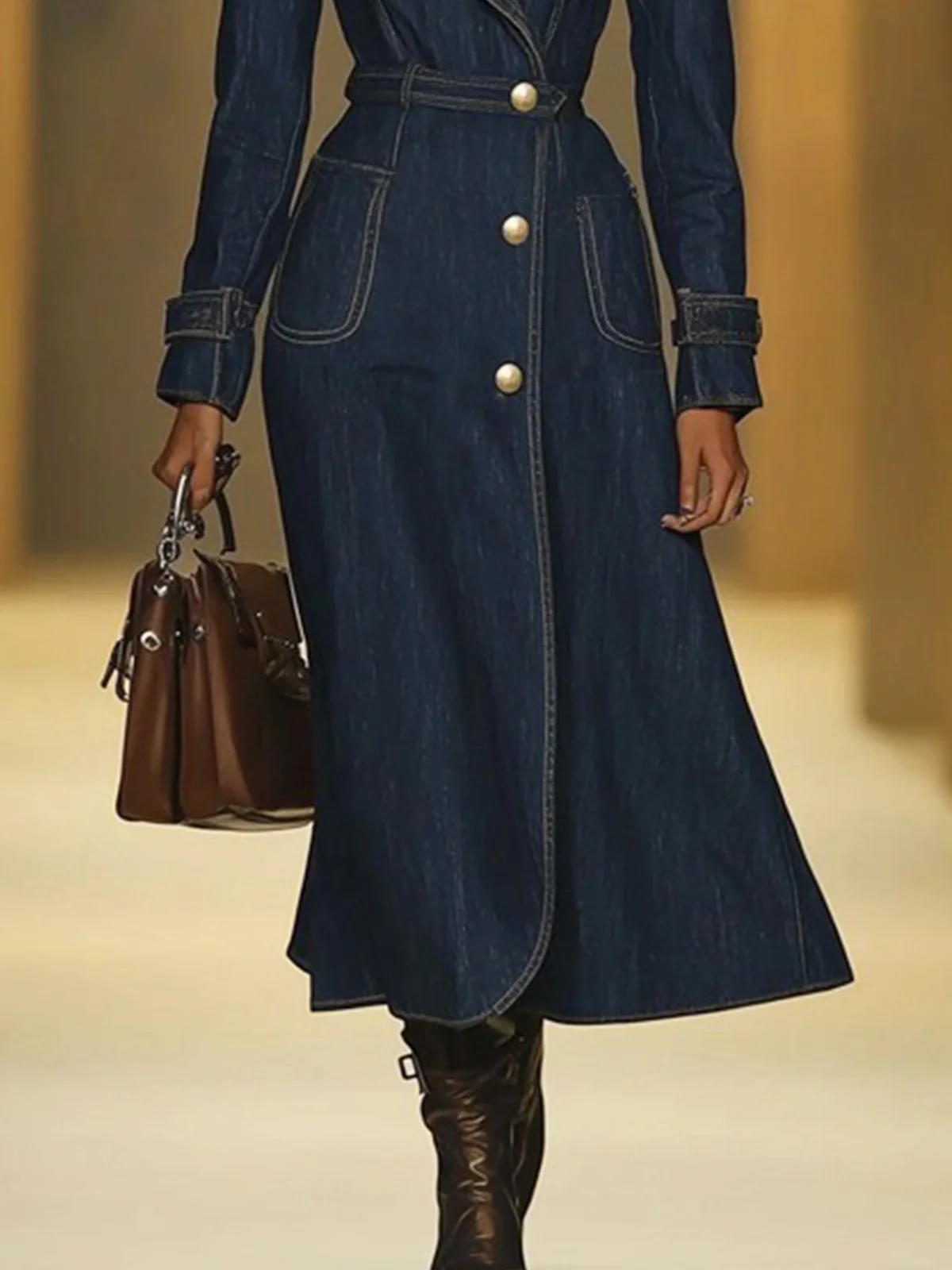 Lapel Collar Urban Buttoned Denim Coat With Belt