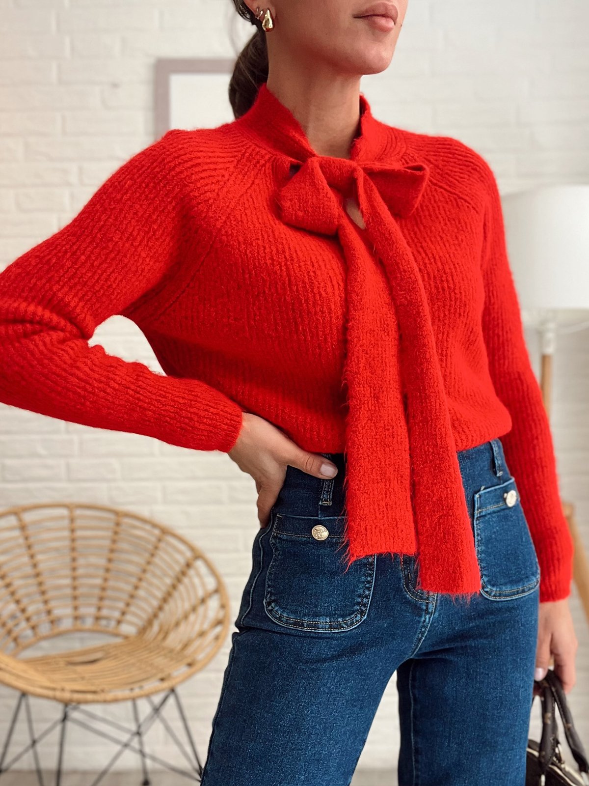 Elegant  Raglan Sleeve Plain Bow Sweater